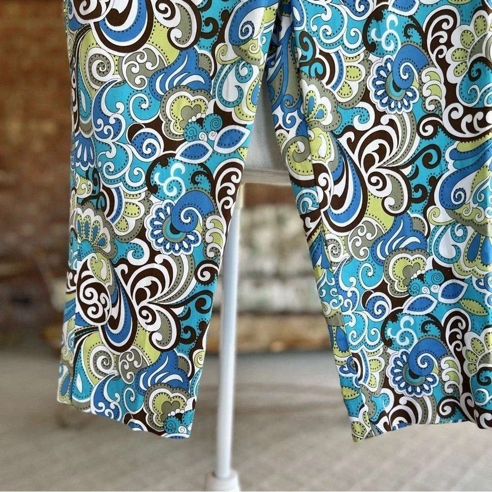 Boston Proper Blue Teal Paisley Cropped Capri Pants Retro Fits a Small